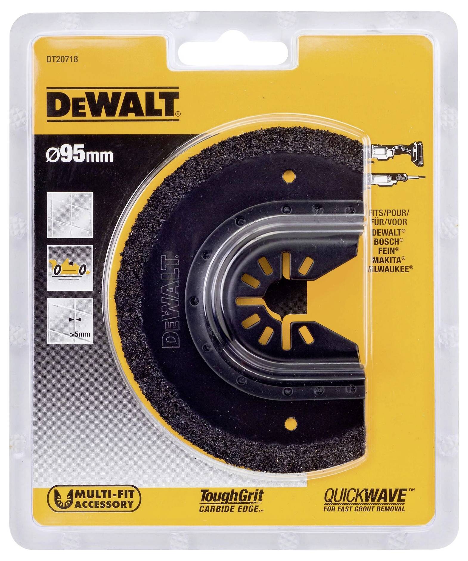 Nástavec multifunkčného nástroja 'Dewalt' Ø95mm, vhodný pre jemné rezy. Obal zobrazuje produkt a schému jeho použitia.