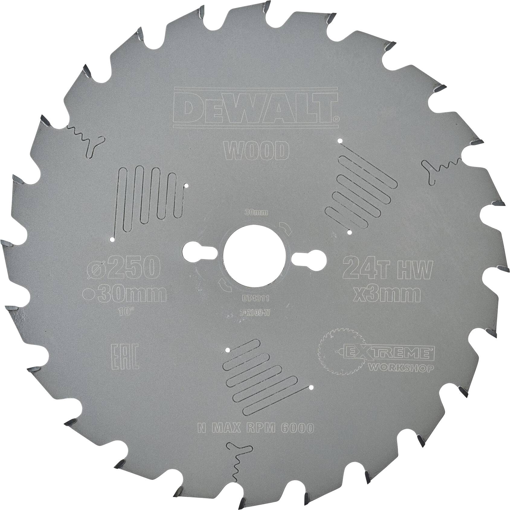 Kotúč píly DeWalt na drevo, priemer 250 mm, 24 zubov, maximálne otáčky 6000 ot./min, upínací otvor 30 mm.