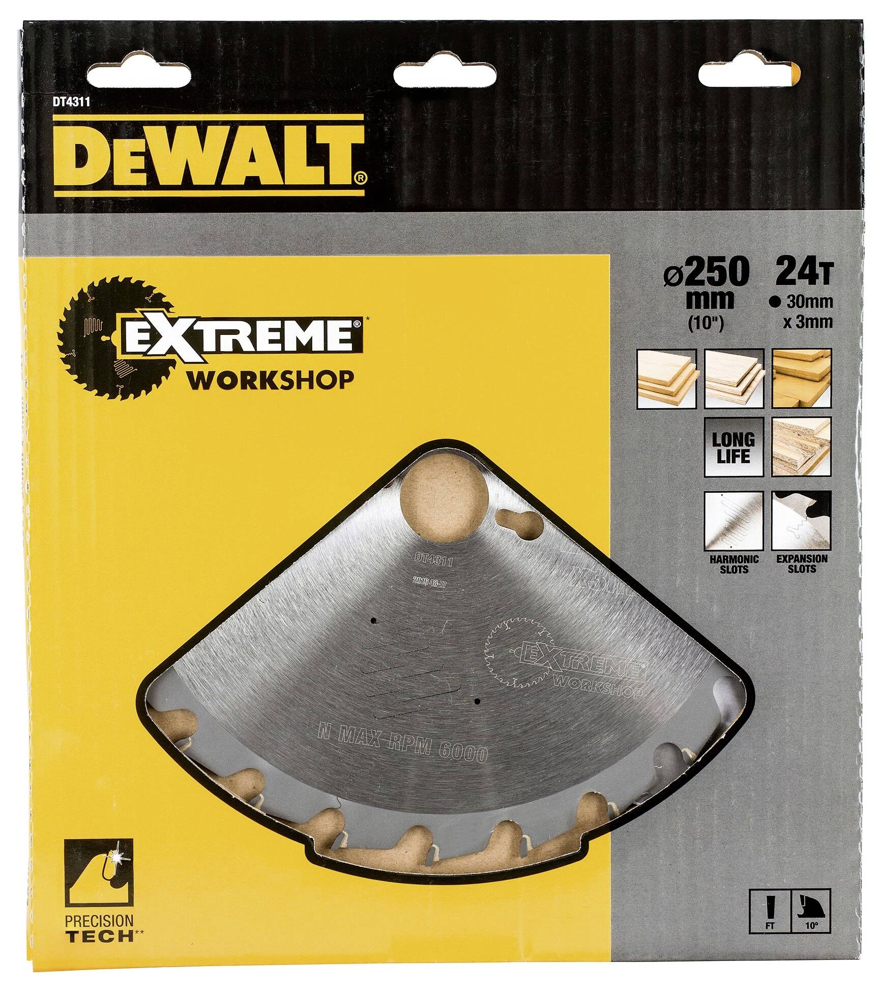 DeWalt Extreme Workshop pílový kotúč, priemer 250 mm, 24 zubov, vhodný pre drevo a doštičkové materiály, dlhotrvajúci.