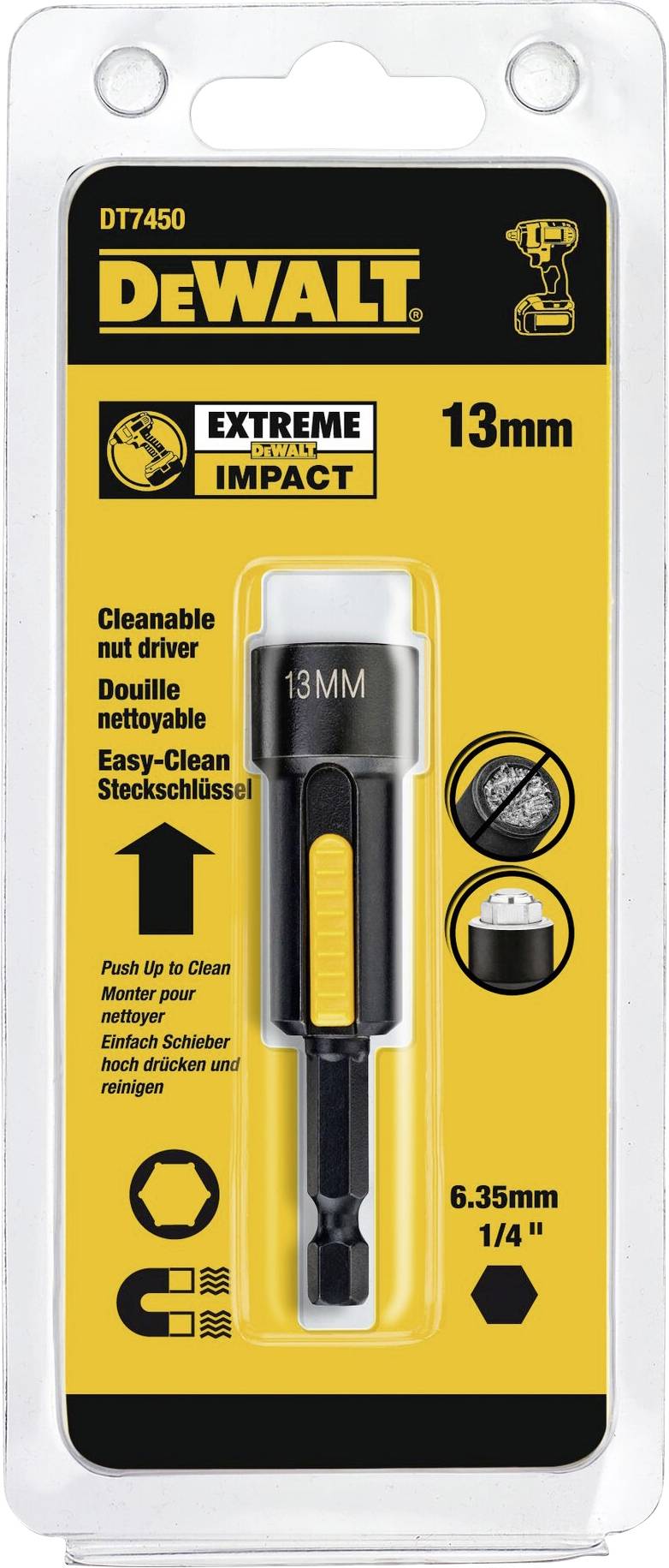 Obal pre DeWalt 13mm Easy-Clean nástrčný kľúč, 6,35mm (1/4"), vhodný pre extrémne namáhané aplikácie. Zobrazuje produktový obrázok a ikony.