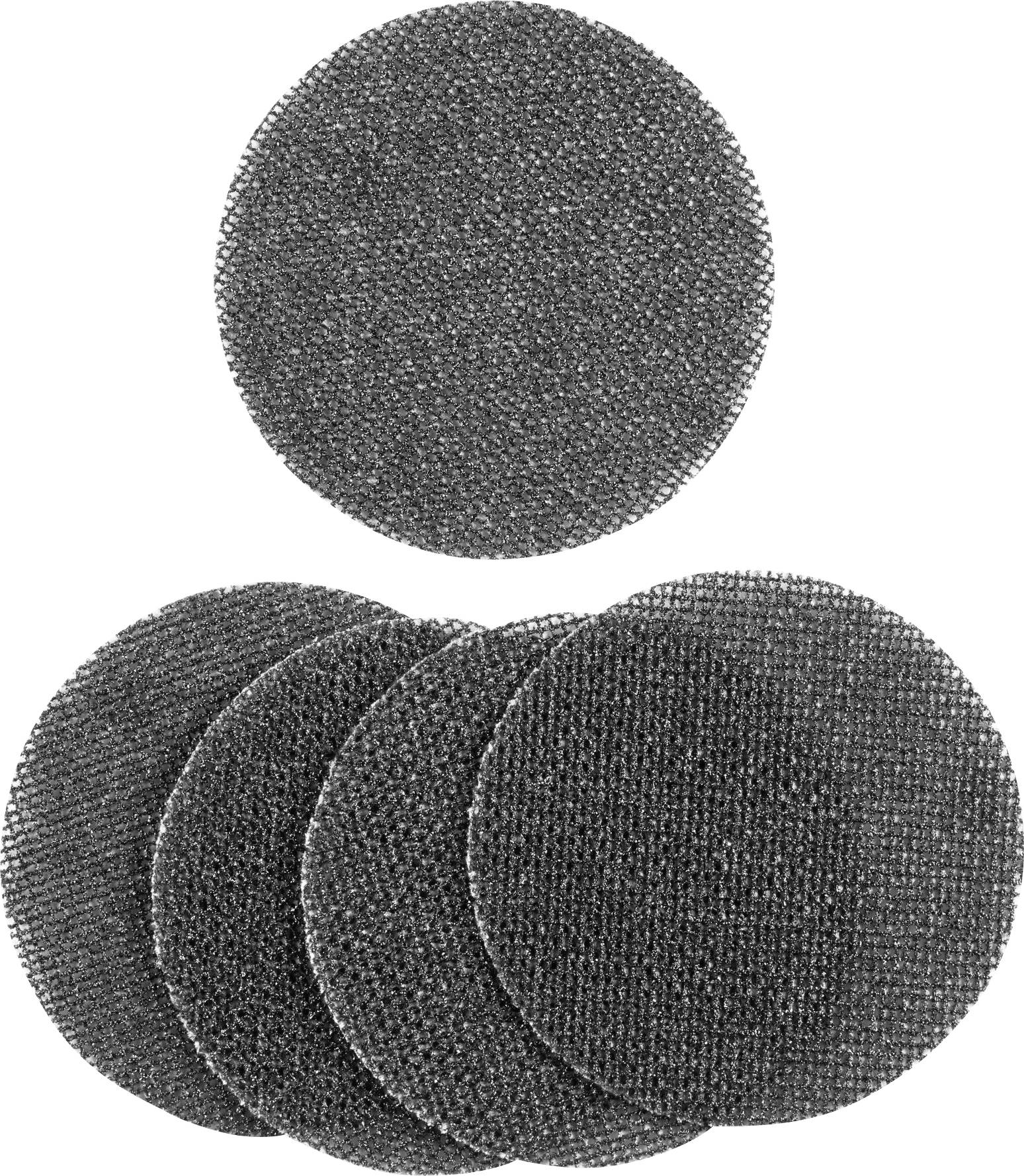 Päť okrúhlych, tmavých brúsnych podložiek na bielom pozadí, jedna hore a štyri dole vedľa seba usporiadané.