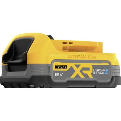 Žltý 18V lítium-iónový akumulátor značky DeWalt, model XR Powerstack. Slúži na napájanie elektrických nástrojov.