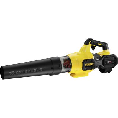 Žltý akumulátorový fukár na lístie značky XR Brushless s čiernou rukoväťou a dýzou, vhodný pre záhradné práce.