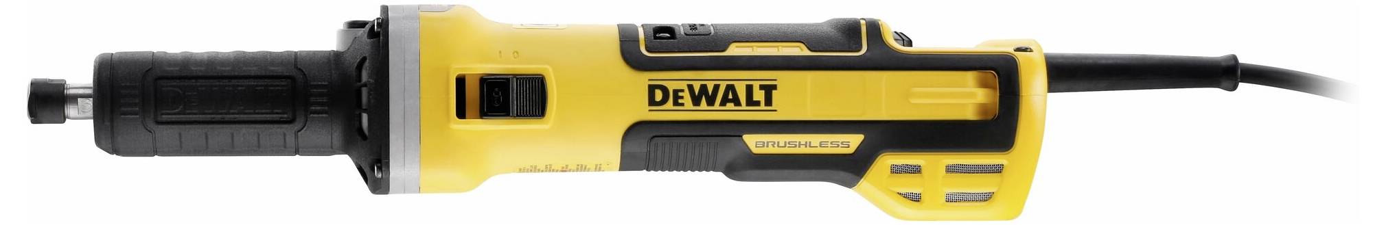 Žltý elektrický nástroj DeWalt, pravdepodobne uhlová brúska, s čiernou rukoväťou a káblom, zobrazený z bočnej strany.