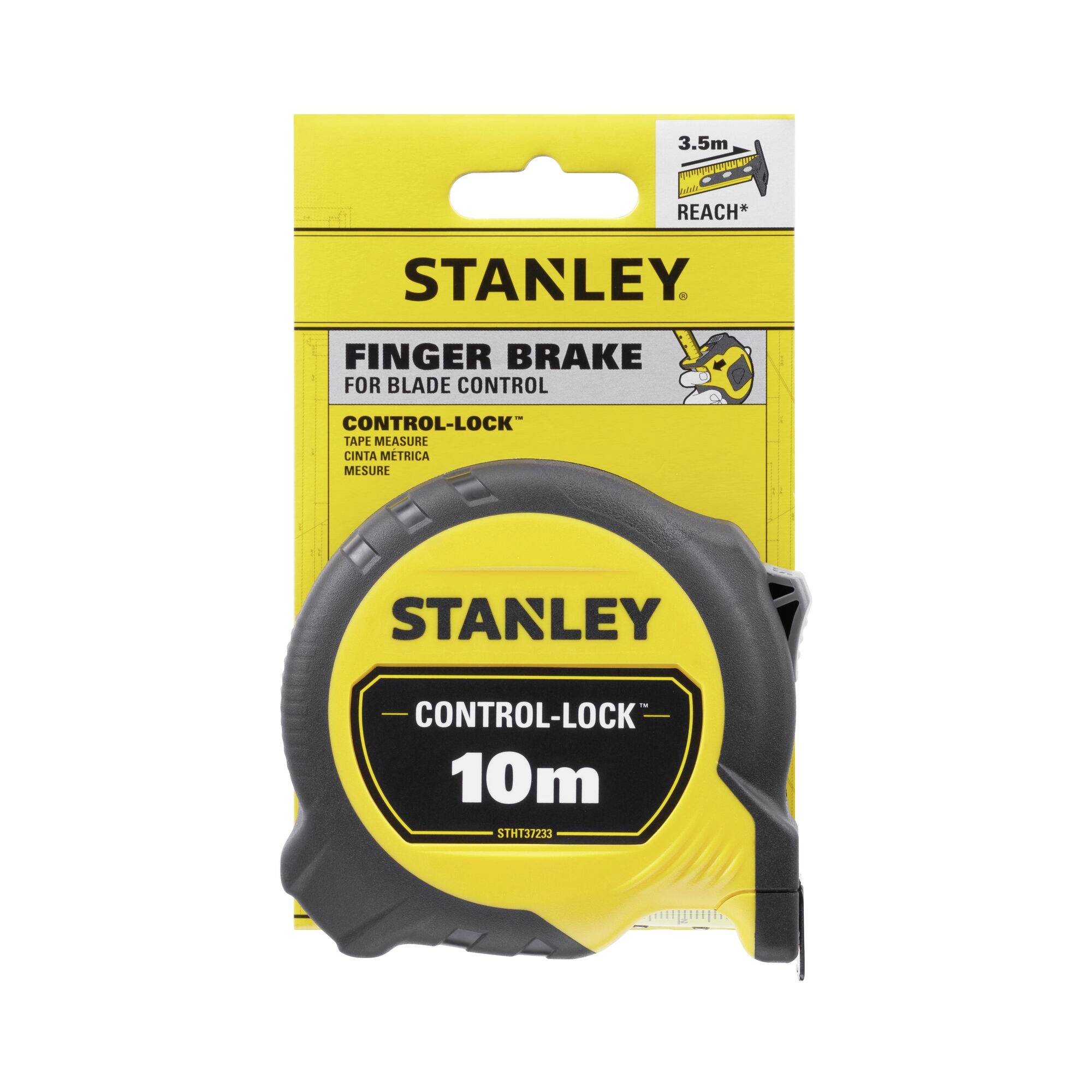 Stanley metre s dĺžkou 10 m a funkciou Control-Lock. Obal zobrazuje značku, detaily produktu a obrázok metra.