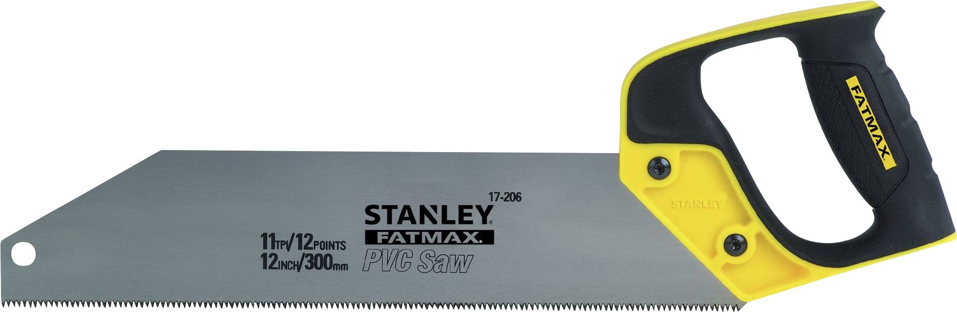 Stredne veľká ručná píla so žltou rukoväťou a čiernym nápisom STANLEY FATMAX PVC Saw na čepeli. Vhodná na rezanie PVC.