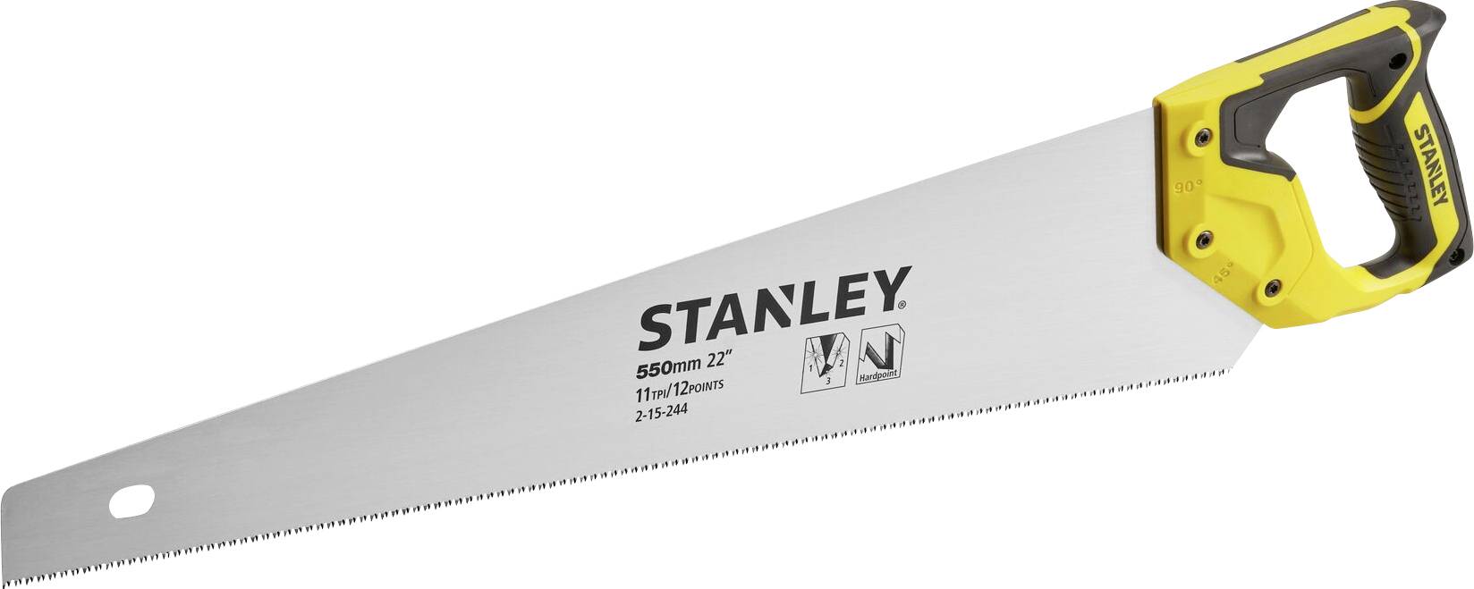 Ručná píla Stanley so žltou rukoväťou, vhodná na opracovanie dreva, dĺžka 550 mm, 11 zubov na palec.