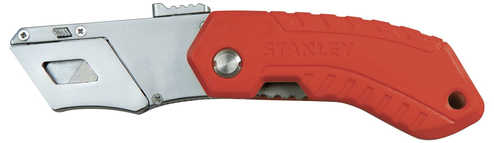 Červený zaťahovací nôž Stanley s kovovým strieborným krytom, vhodný na rezanie rôznych materiálov.