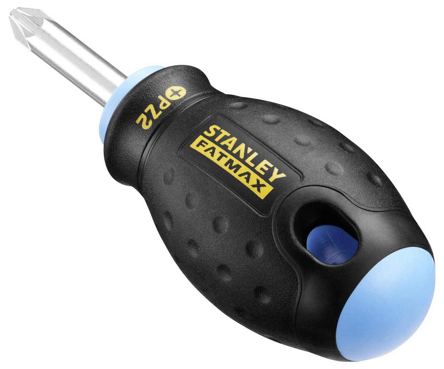 Krížový skrutkovač značky Stanley Fatmax s krátkym, ergonomickým držadlom a nápisom 'PZ2' na drieku.