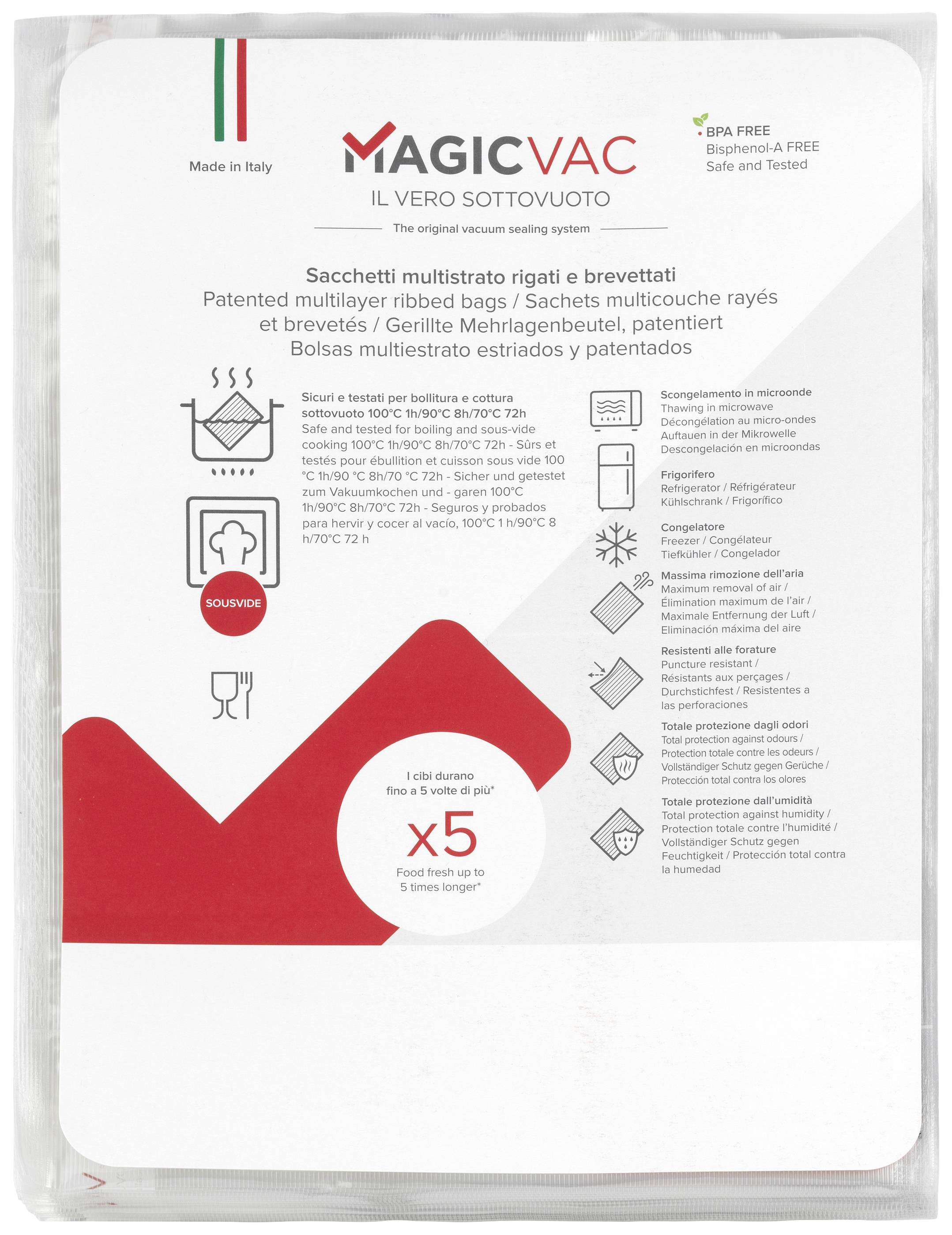 'Magic Vac' vákuové sáčky na balenie s 5 vreckami. Označenie vo viacerých jazykoch, dôraz na nepítomnosť BPA, vhodné pre prípravu sous-vide.