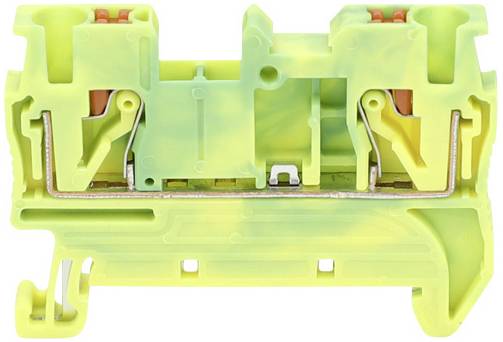 Zeleno-žltý elektrický svorkovnicový blok s kovovými kontaktmi a prípojkami, používaný na pripojenie káblov v elektrických zariadeniach.