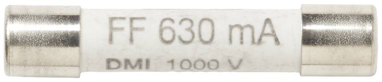 Poistka s nápisom 'FF 630 mA DMI 1000 V' v valcovitom tvare, vhodná pre prúdy do 630 miliampérov a napätia do 1000 voltov.