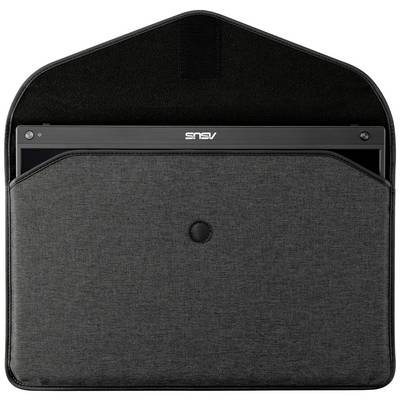Čierny obal na notebook s čiastočne vysunutým notebookom, viditeľným cez nápis "ASUS" na okraji obrazovky.