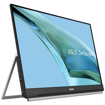 Prenosný monitor ASUS ZenScreen stojí na podstavci. Obrazovka zobrazuje modré a zelené abstraktné vlnové tvary.
