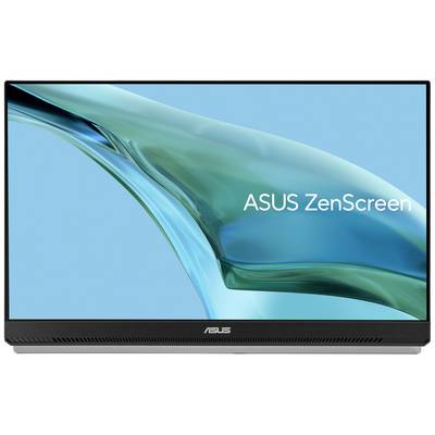 Monitor ASUS ZenScreen zobrazuje abstraktný vodný dizajn. Vľavo: priesvitná zelená vlna na modrom pozadí.