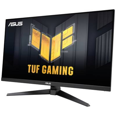 Čierny herný monitor ASUS TUF s jasne žltým logom na obrazovke, umiestnený na trojuholníkovom stojane.