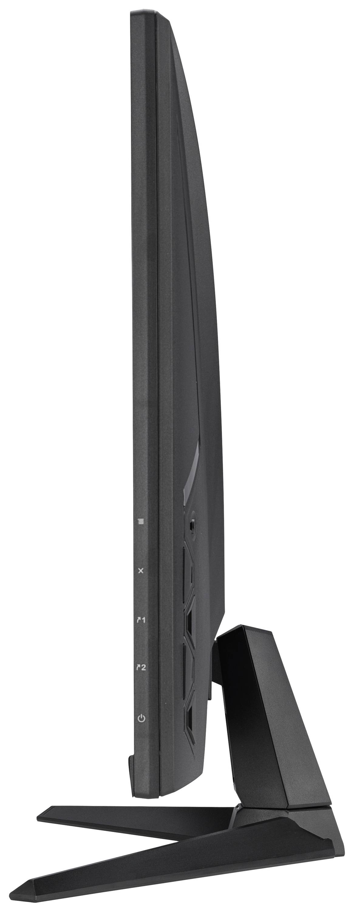 Pohľad z bočnej strany čierneho počítačového monitora s tenkým rámom a stabilnou podstavou.