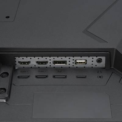 Niekoľko portov na zadnej strane monitora vrátane dvoch HDMI portov, DisplayPortu a USB portu.
