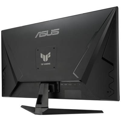 Čierny herný monitor ASUS TUF z pohľadu zozadu, ktorý ukazuje dizajn podstavca a logo TUF na zadnej strane.
