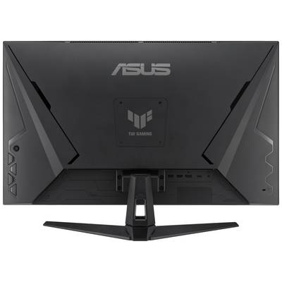 Zadná strana herného monitora ASUS s futuristickým dizajnom a logom TUF Gaming, čierne šasi.