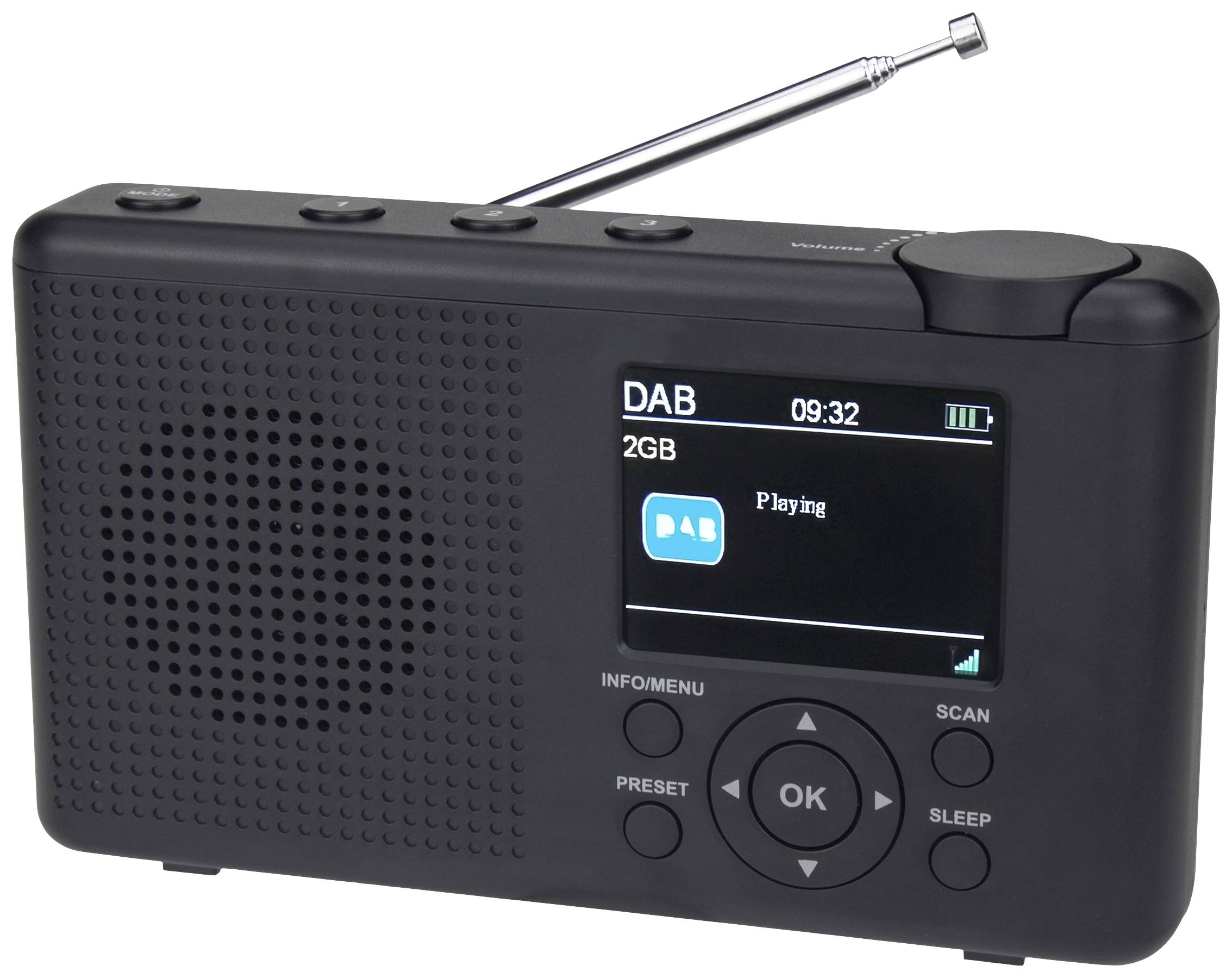 Čierne prenosné DAB rádio s anténou; zobrazuje digitálny displej s nápisom 'Hrá'. Tlačidlá na výber stanice a ovládanie hlasitosti.