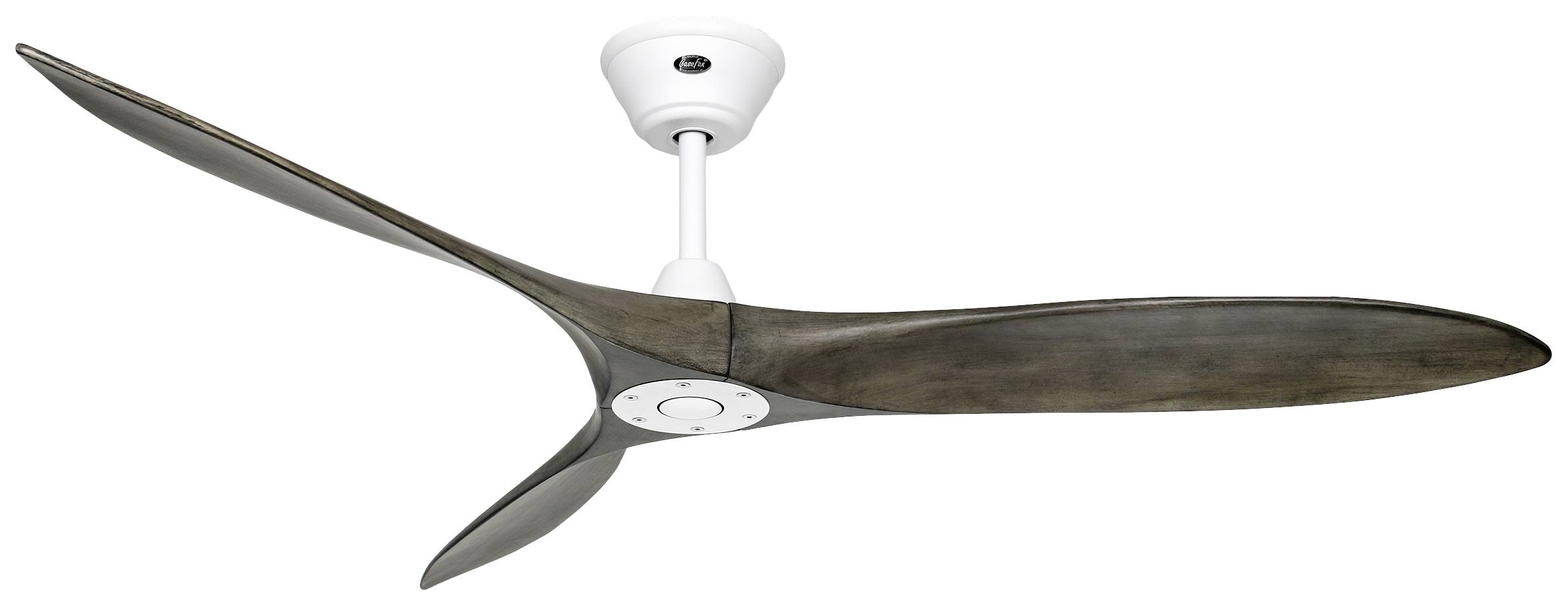 Stropný ventilátor s tromi drevenými krídlami a bielym držiakom, namontovaný na strope.