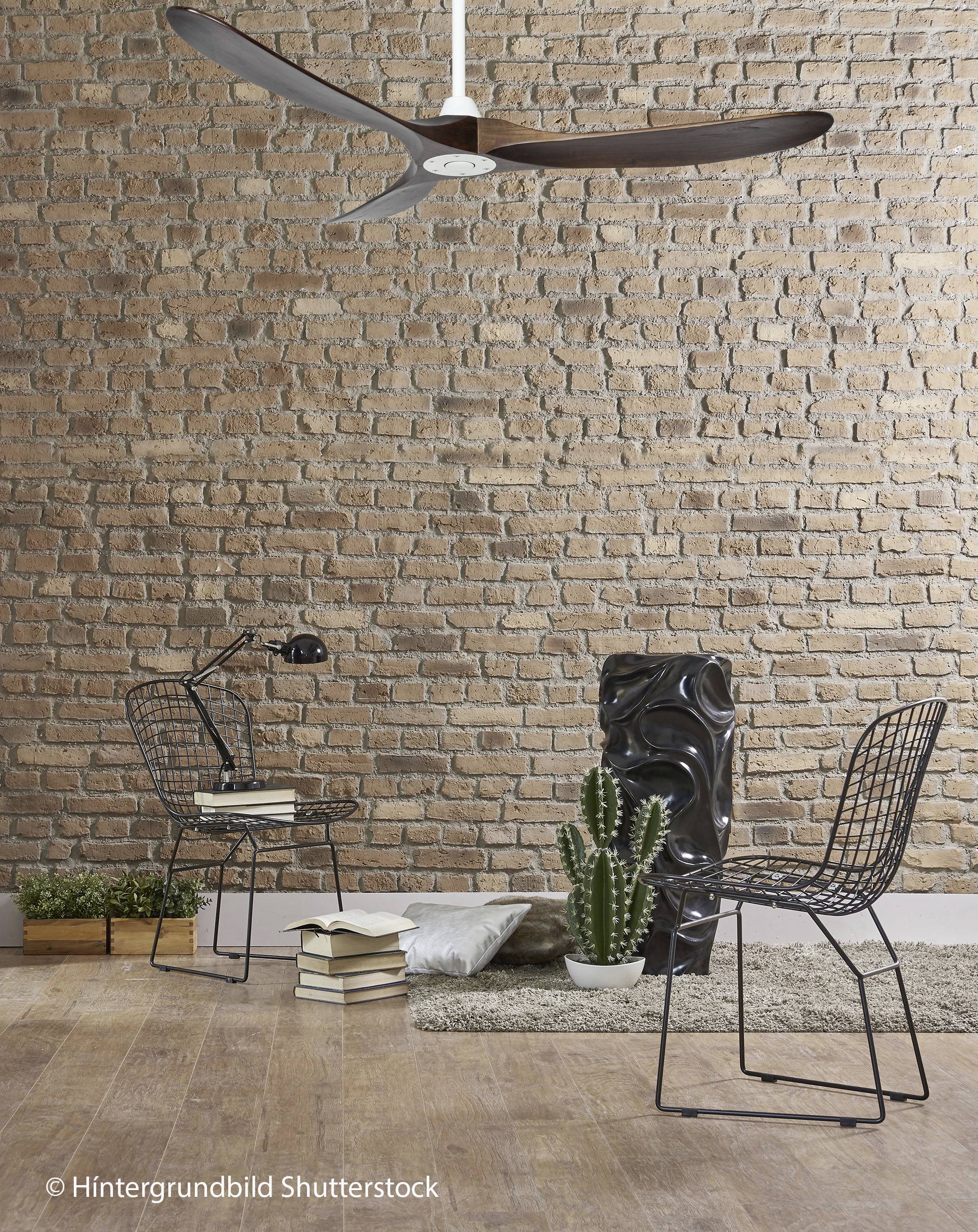 Minimalistická obývacia izba s dvoma kovovými stoličkami, kaktusom a moderným stropným ventilátorom pred tehlovou stenou.