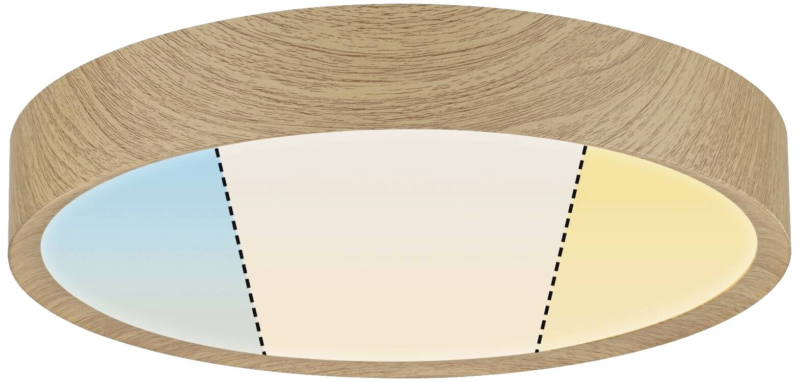 Okrúhle stropné svietidlo v dizajne dreva s nastaviteľným osvetlením od teplej po studenú bielu farbu, ktoré zobrazuje rôzne odtiene svetla od modrej po žltú.
