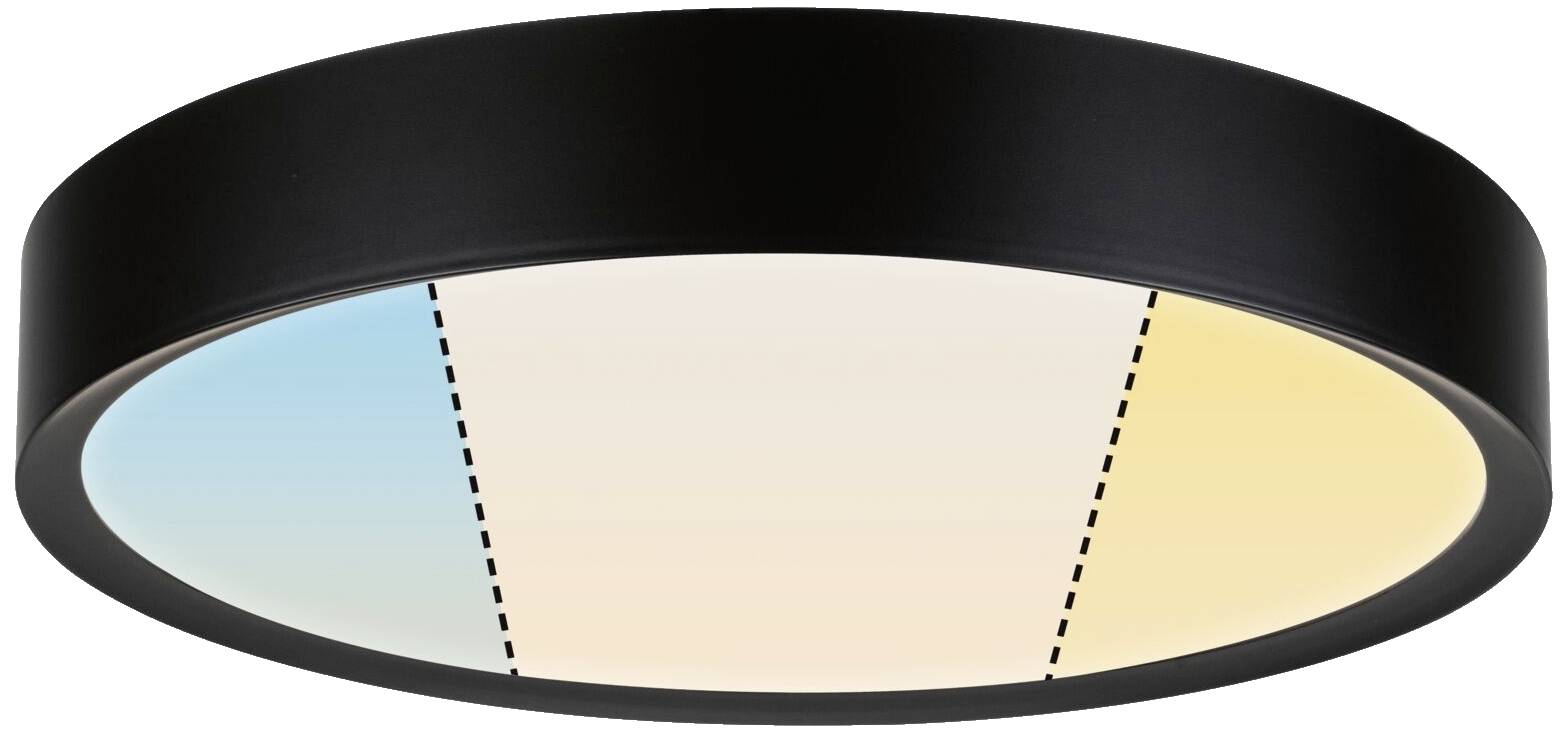 Okrúhle stropné svietidlo s čiernym rámom. Svietidlo má tri farebné segmenty: modrý, biely a žltý, ktoré prebiehajú zľava doprava.