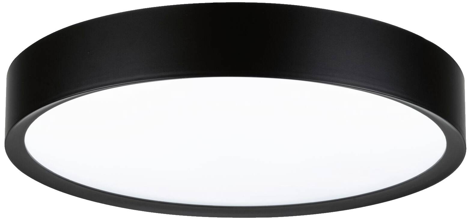 Okrúhle stropné svietidlo v čiernej farbe s jednoduchým dizajnom a bielou svietiacou plochou, vhodné do moderných interiérov.