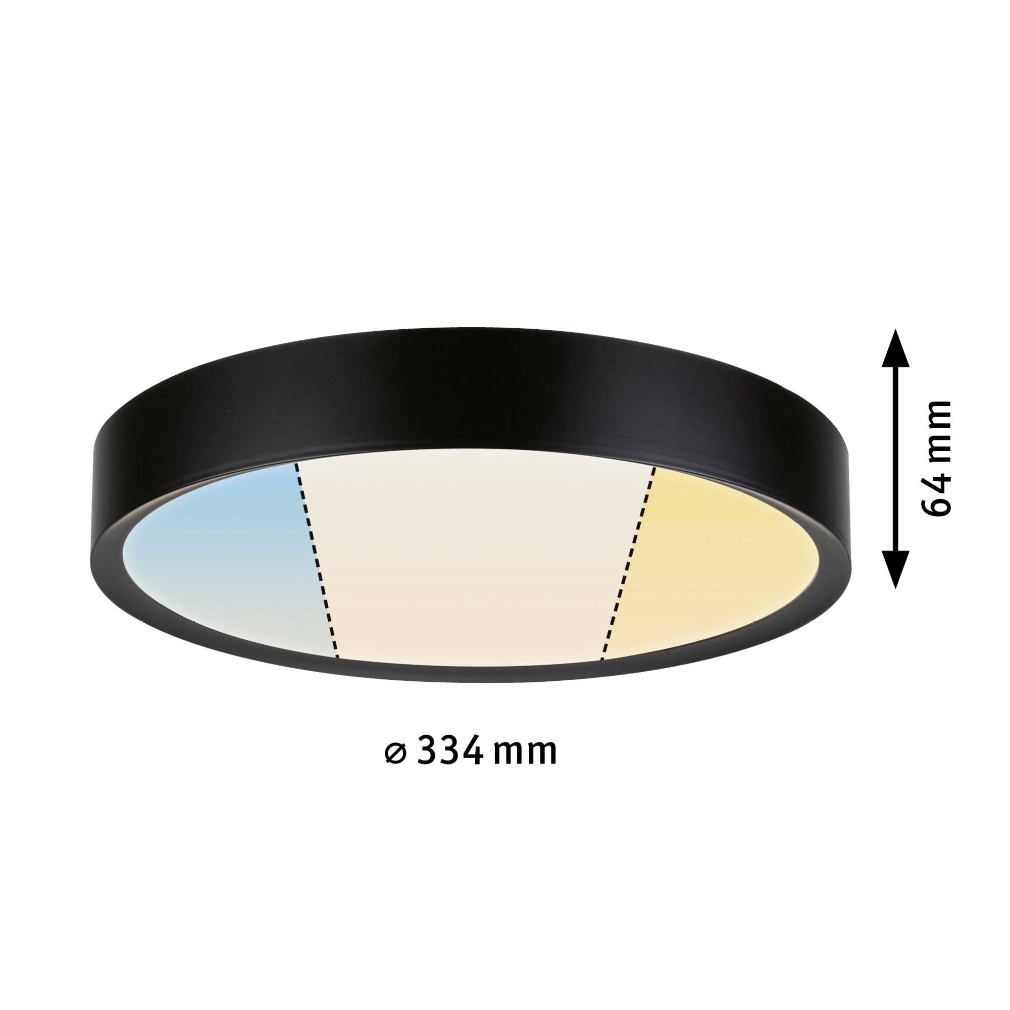 Čierne LED stropné svietidlo, okrúhle, priemer 334 mm, výška 64 mm, zobrazuje teplé a studené biele svetlo.