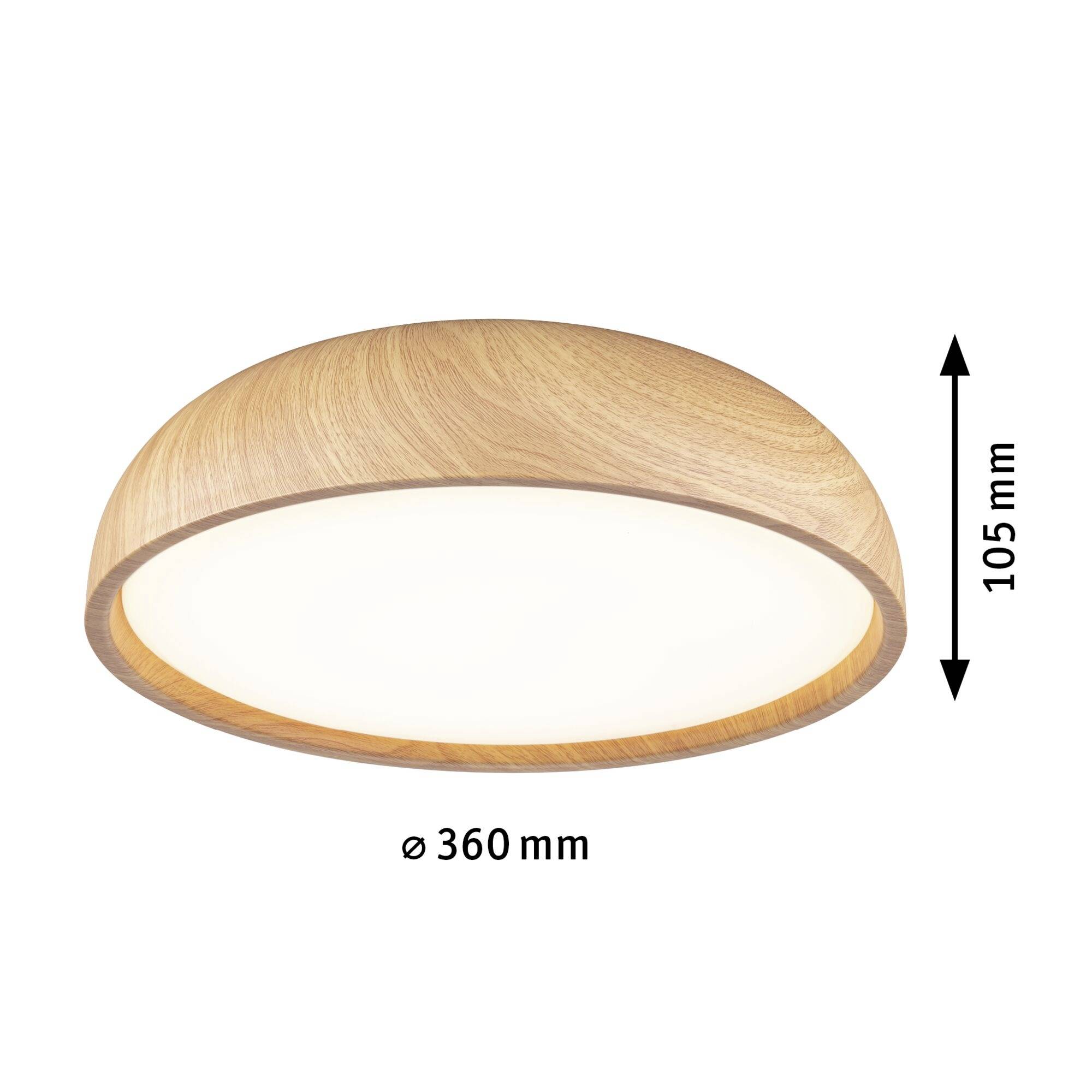 Stropné svietidlo s dreveným efektom, okrúhle, priemer 360 mm, výška 105 mm.