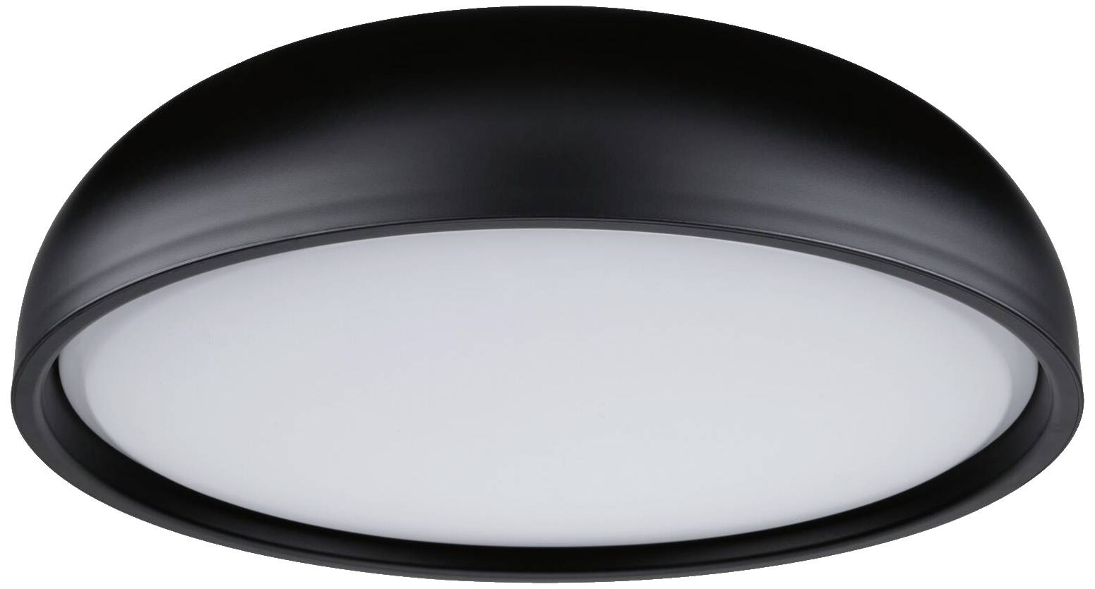 Okrúhle, čierne stropné svietidlo s bielym difúzorom, ktoré poskytuje rovnomerné rozptýlenie svetla v interiéroch.
