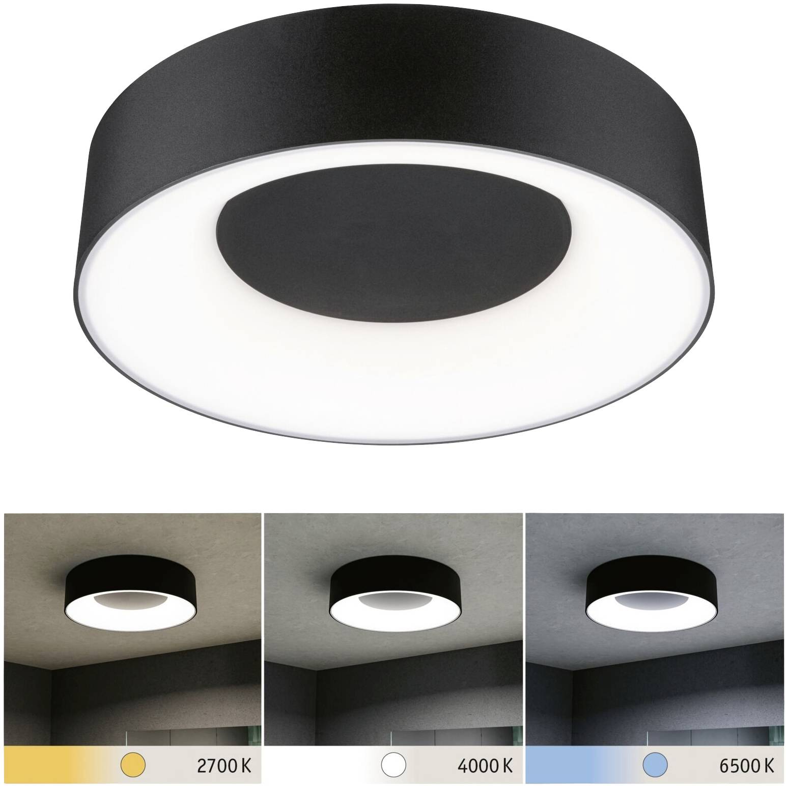Okrúhle stropné svietidlo s tromi nastaveniami svetla: teplá biela (2700 K), neutrálna biela (4000 K), studená biela (6500 K).