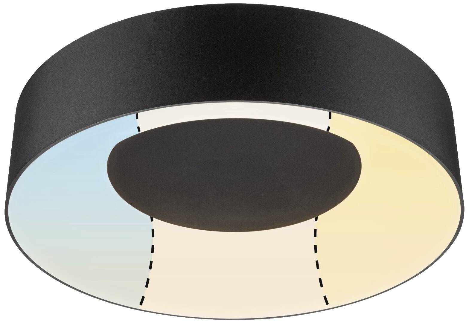 Stropné svietidlo s okrúhlym čiernym telesom a dvojfarebným osvetlením; vľavo modré, vpravo žlté, oddelené prerušovanou líniou.