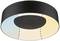 Stropné svietidlo s okrúhlym čiernym telesom a dvojfarebným osvetlením; vľavo modré, vpravo žlté, oddelené prerušovanou líniou.