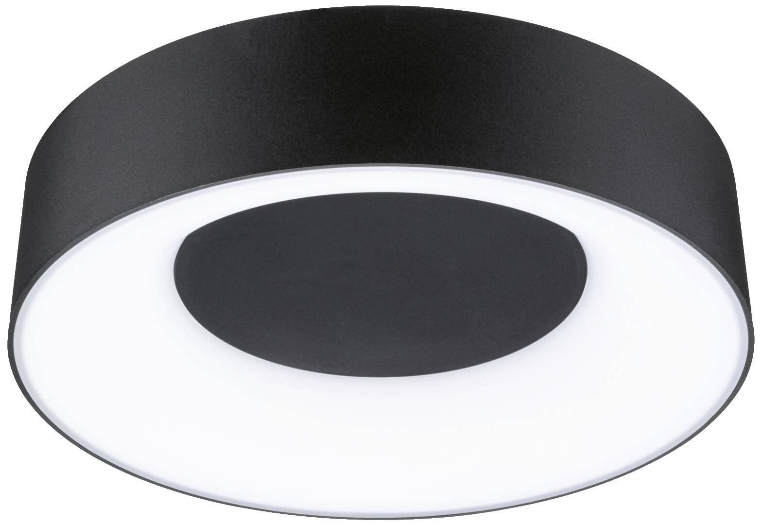 Okrúhle, moderné, čierne stropné svietidlo s bielym svetelným výstupom v strede, vhodné do obytných alebo kancelárskych priestorov.