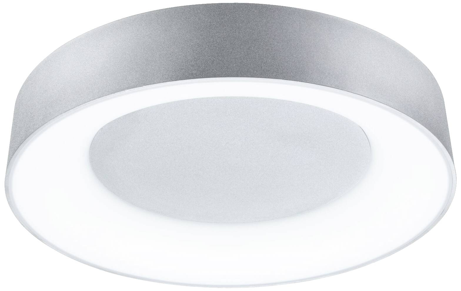 Moderné, okrúhle stropné svietidlo so strieborným okrajom a bielou, svietiacou stredovou časťou, ideálne pre rovnomerné osvetlenie priestoru.