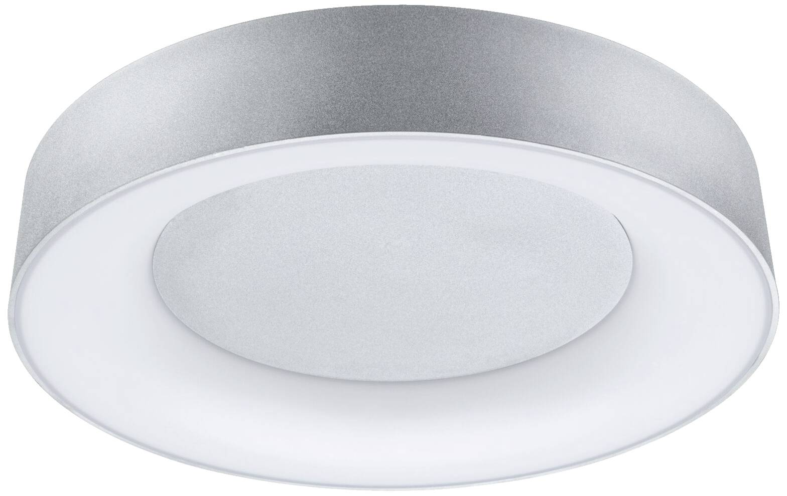 Okrúhle, moderné LED stropné svietidlo so strieborným krytom a bielym difúzorom, vhodné pre rovnomerné osvetlenie priestoru.