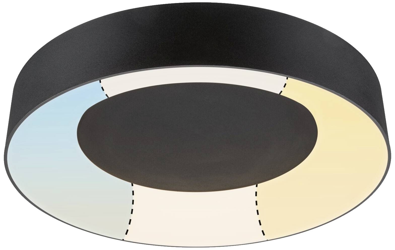 Okruhové stropné svietidlo so segmentovaným farebným prechodom z modrej cez bielu do žltej; čierny lem; moderný dizajn.