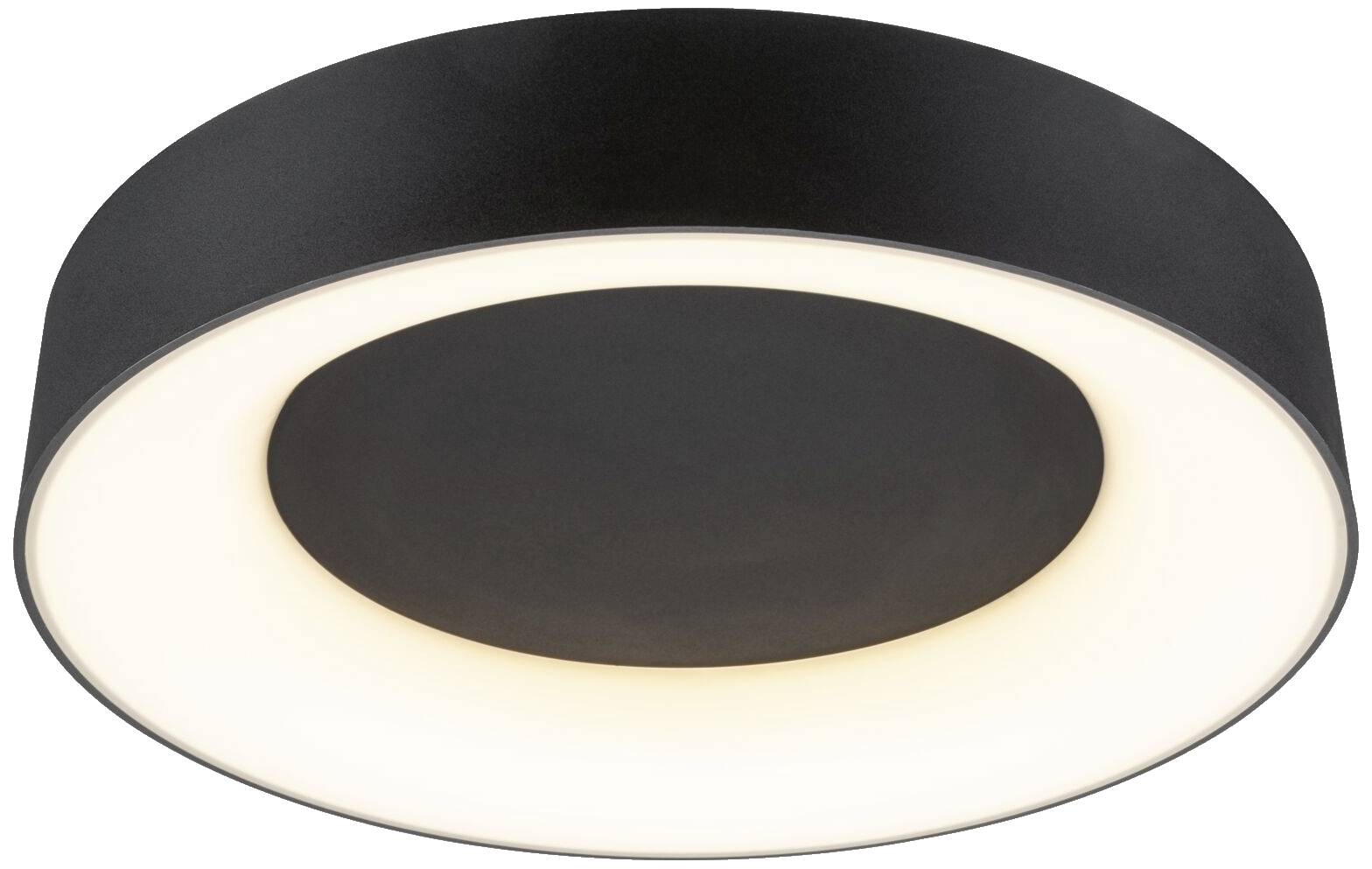 Okrúhle, moderné stropné svietidlo s čiernym okrajom a jasne osvetleným stredom. Ideálne pre súčasné interiérové dizajny.
