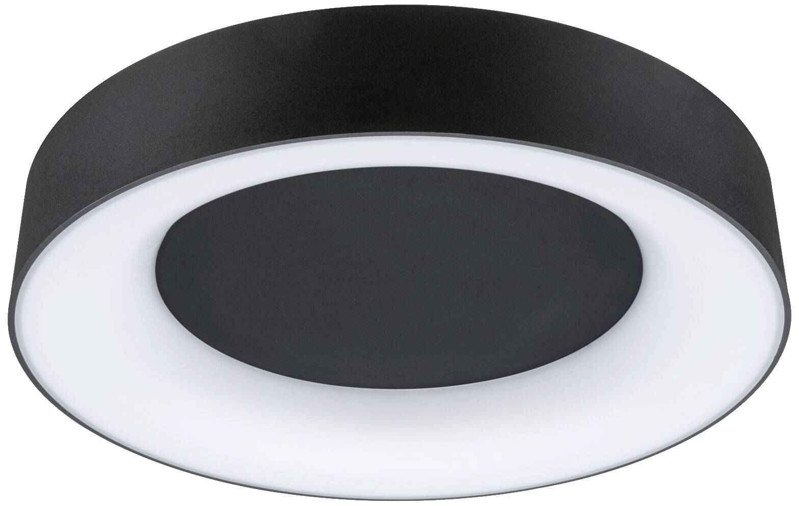 Čierne, okrúhle stropné svietidlo s bielym LED svetelným zdrojom uprostred. Moderný dizajn, vhodný na osvetlenie miestnosti.