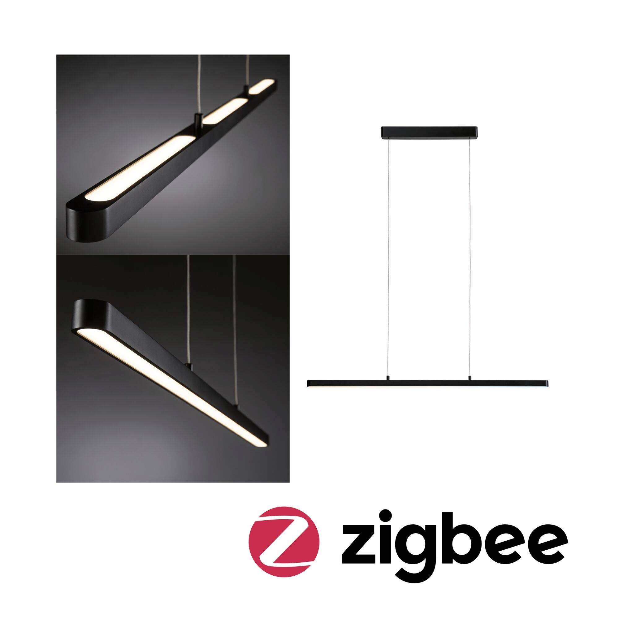 Moderná, čierna závesná lampa so štíhlym dizajnom, osvetlená. Logo dole zobrazuje 'zigbee', čo poukazuje na kompatibilitu so smart home systémom.