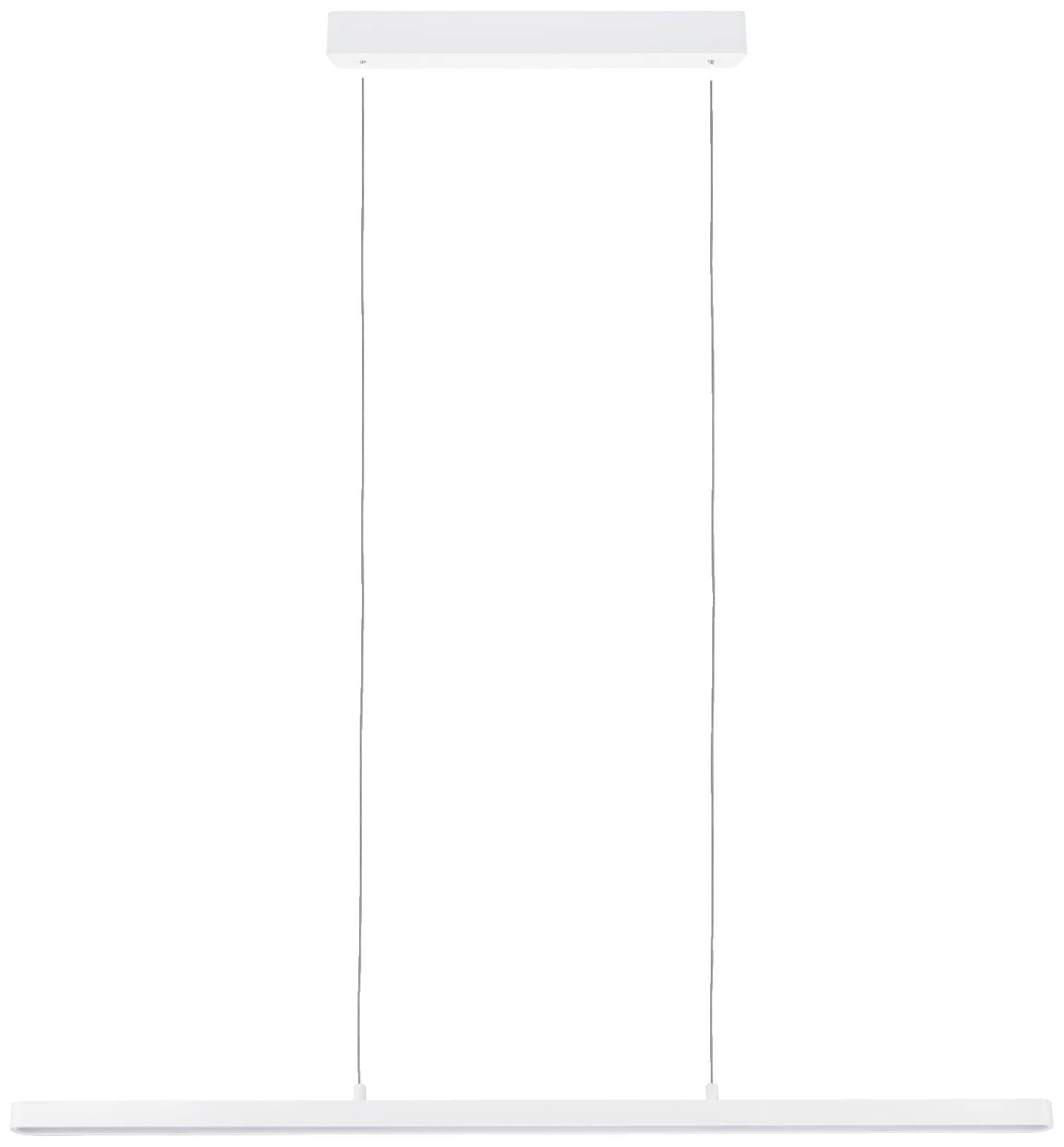 Závesné svietidlo s obdĺžnikovým, minimalistickým dizajnom, dvoma tenkými káblami a bielou podlhovastou lampou. Ideálne do moderných priestorov.