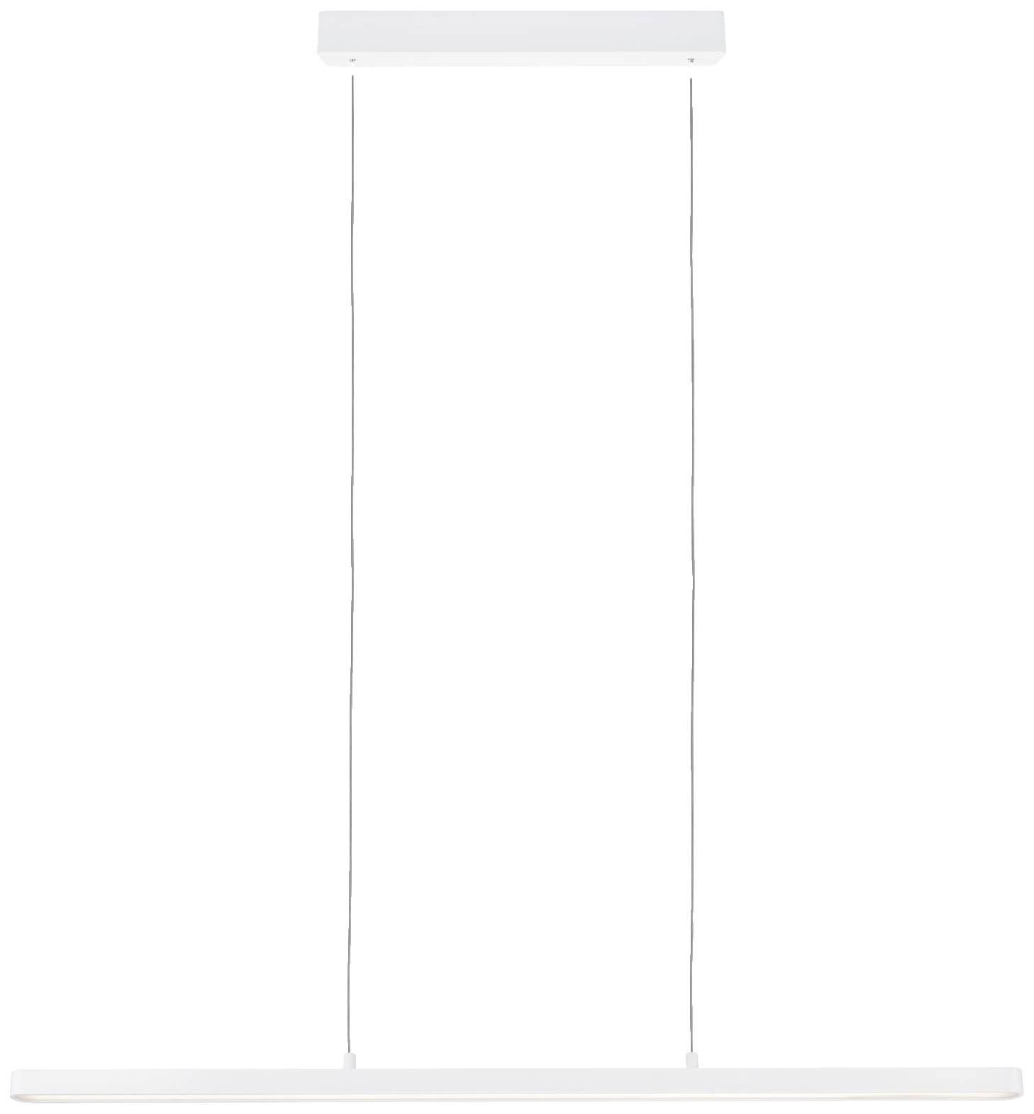 Minimalistická závesná lampa s dvoma tenkými, rovnobežne umiestnenými svetelnými lištami a dvoma tenkými vertikálnymi káblami na zavesenie.