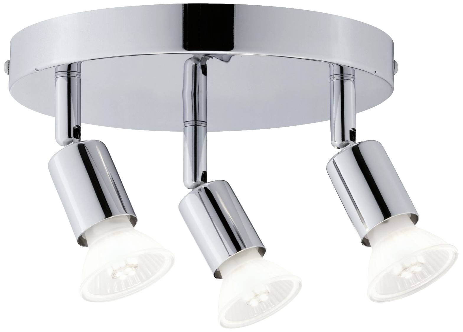 Tri nastaviteľné stropné bodové svetlá v striebornom držiaku, s modernými lesklými objímkami, rovnomerne osvetľujú priestor.