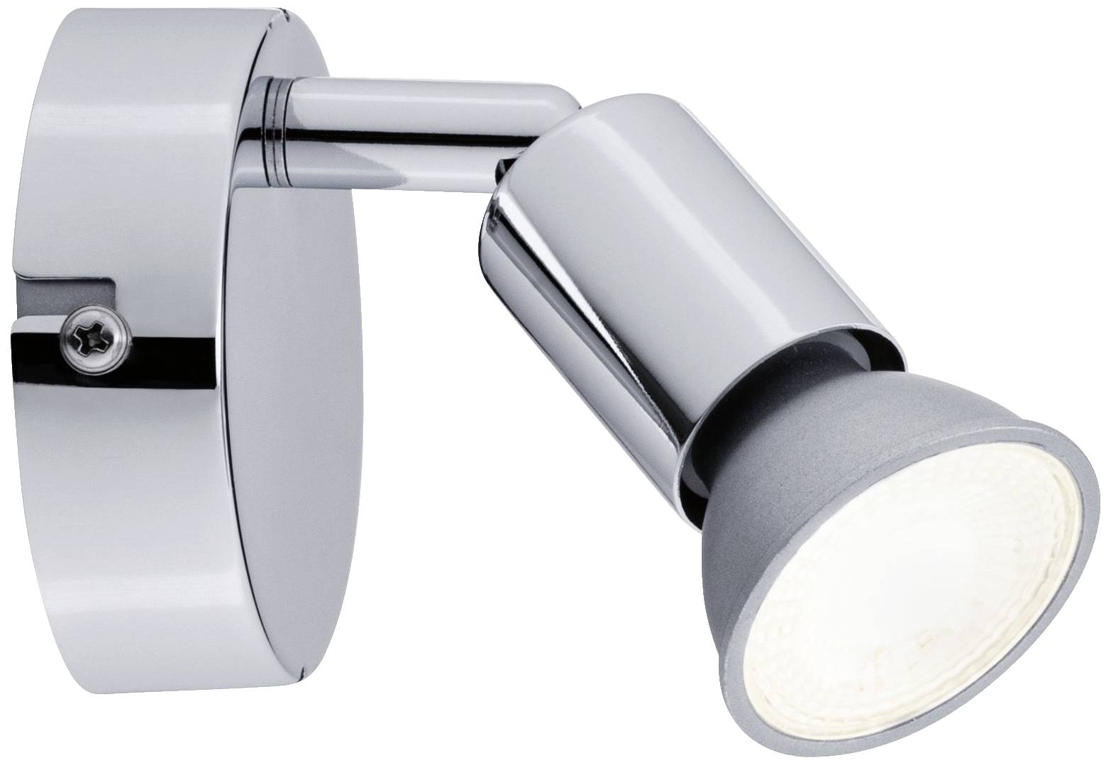 Chrómový, na stenu montovaný reflektor s nastaviteľným valcovým svetelným zdrojom.