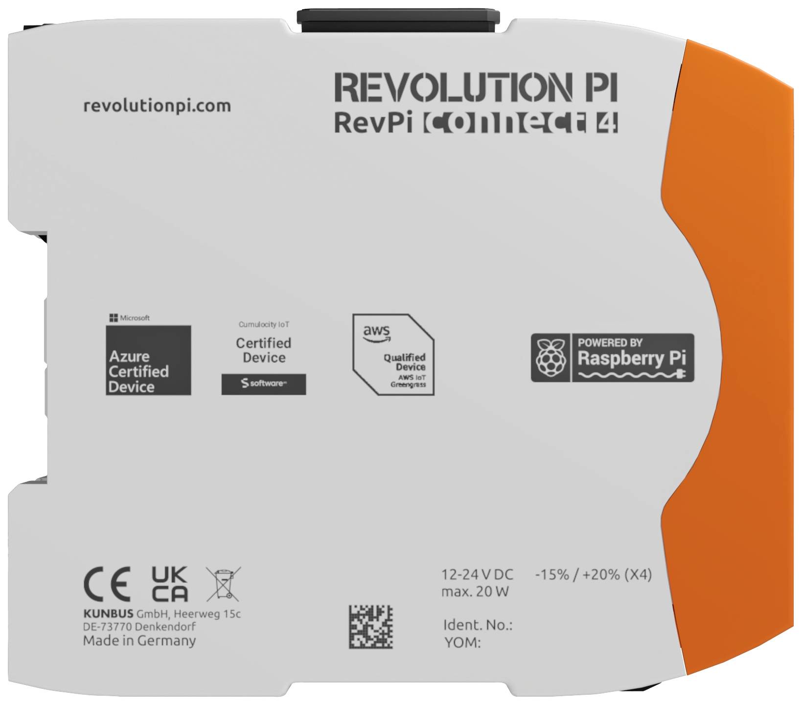 Priemyselný počítač 'Revolution Pi Connect 4', sivooranžové púzdro. Certifikovaný pre Azure, Amazon AWS, s logom Raspberry Pi. Vyrobené v Nemecku.