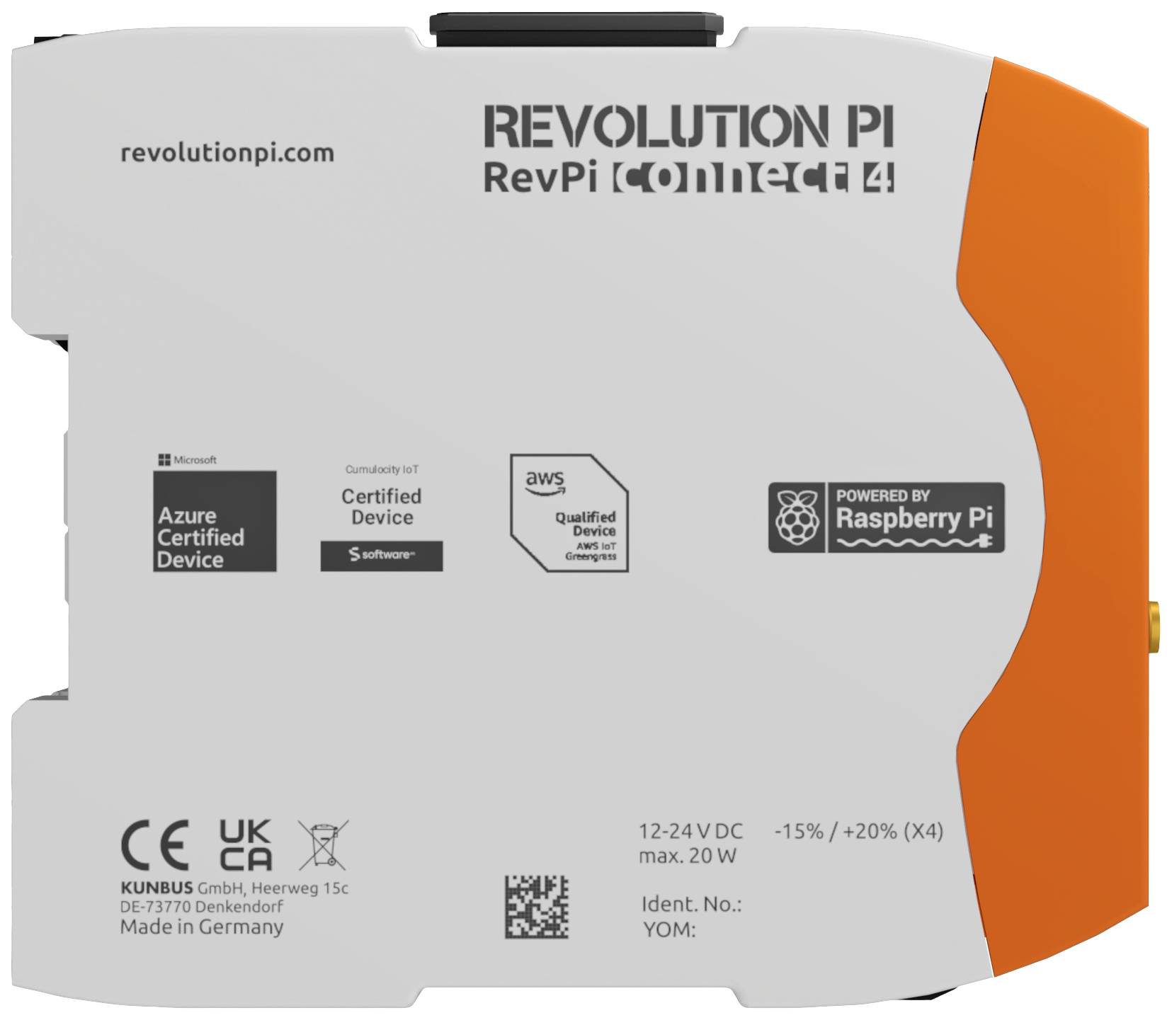 Šedé, obdĺžnikové zariadenie s oranžovým okrajom, označené ako 'Revolution Pi Connect 4'. Viditeľné logá Azure, AWS a Raspberry Pi.