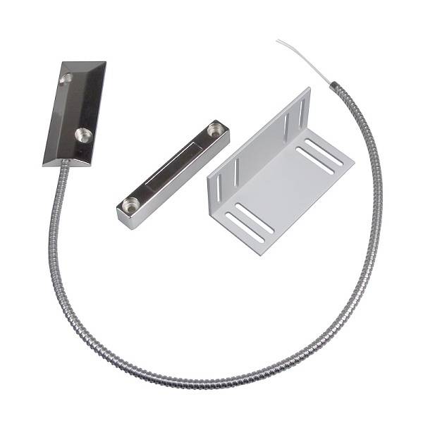 Magnetický dverný kontakt s káblom, určený na bezpečnostnú kontrolu. Pozostáva zo senzora, magnetu a kovovej konzoly.